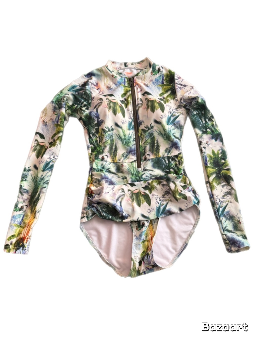 Tropical Long Sleeve One Piece Swimsuit Women’s Size 4 Palm Print Zip Front